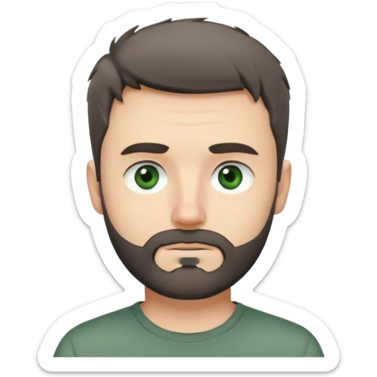 white man with dark messy short hair, dark green eyes, gray t-shirt, and short beard sticker