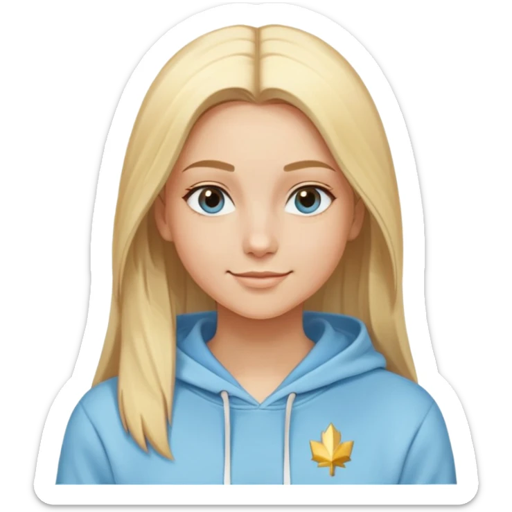 Woman with blonde straight hair and side part, serene smile, dreamy eyes, wearing a light blue fantasy-sporty hoodie with golden and white details sticker