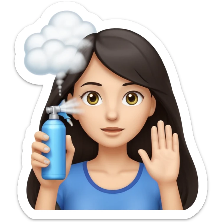 Emoji-style illustration of a woman with long dark hair, front-facing, simple rounded facial features, big expressive eyes, flat vector shading. A hand is spraying hair spray from a small aerosol can toward her hair, visible mist/spray particles in the air.  sticker