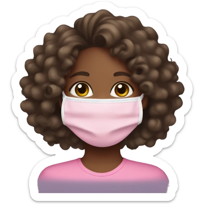 black girl with light brown skin, big dark curly hair doing a pink face mask sticker