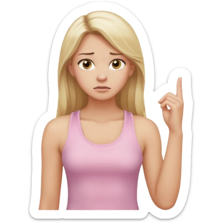 Create a young woman with long blonde hair, golden eyes, and medium-light skin tone, wearing a light pink tank top and leggings. She should be in portrait mode, but with a subtle doubting facial expression—slightly raised eyebrow, small frown, .  and her hand next to her chin like this emoji 🤔 sticker