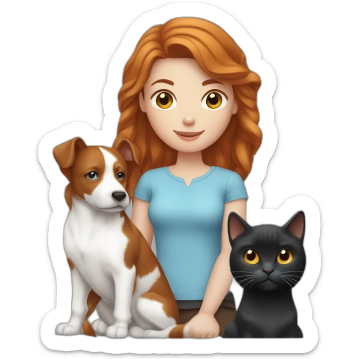 Femme rousse aux yeux bleus avec son chien noir, son cheval marron et son chat blanc sticker