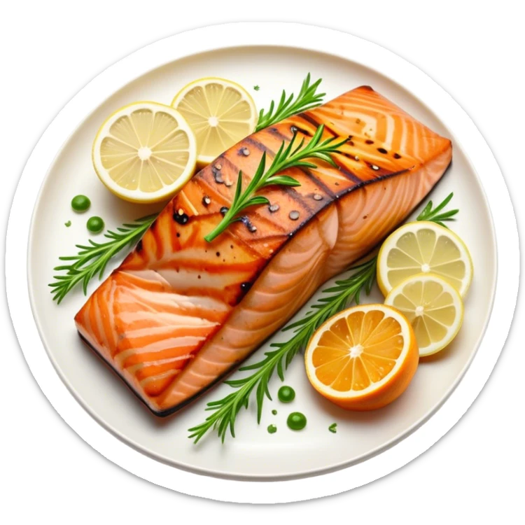 Cinematic perfectly grilled salmon, rich orange hues with crispy skin, garnished with fresh herbs, drizzled with lemon, ultra-detailed and delicious. sticker
