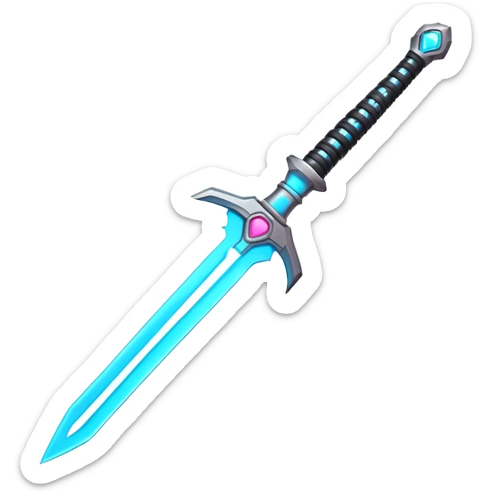 Clash of Clans aesthetic: Cinematic Playful Laser Sword Emoji, rendered in a 3D vector-style similar to standard emojis with minimal shading and bold, simplified shapes. A compact, vibrant energy blade with a neon-hued, glowing edge and futuristic hilt, softly glowing with a radiant cosmic charm. Simplified yet unmistakably iconic, highly detailed and consistent, glowing with a soft pulsating brilliance and high shine. Stylized with a touch of interstellar elegance and a soft glowing outline, capturing the essence of a legendary energy blade with a friendly, playful manner! sticker
