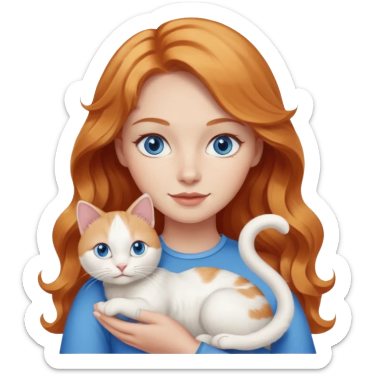 Long wavy strawberry blonde blue eyes woman with a white cat with blue eyes realistic  sticker