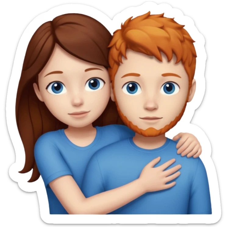 Ginger boy hugging girl with very dark brown hair. Both have blue eyes.  sticker