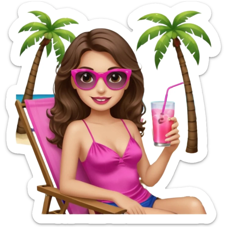 girl with long wavy brown hair, brown eyes, long lashes makeup, sexy pink lips, smiling, light to medium complexion, wearing a pink sexy silk top, relaxing in a beach chair, wearing black sunglasses, holding a drink, palm trees  sticker
