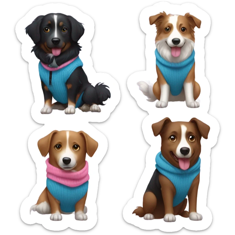 A potato wearing a pink hoodie walking two dogs on a leash. One dog is an australian Sheppard and the other is a skinny black dog with pointy ears wearing a blue sweater sticker