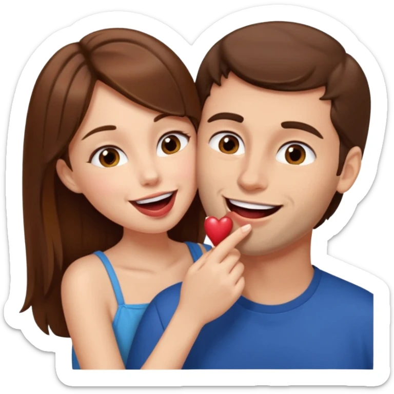 There is a girl with brown hair standing next to her, a tall man with brown hair, and the girl passionately licks his cheek sticker