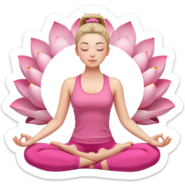 caucasian woman with high ponytail in lotus position meditating, eyes closed, peaceful expression, pink yoga clothes sticker