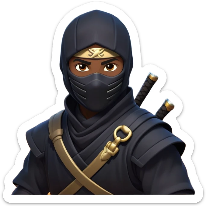 clash-of-clans-aesthetic_-cinematic-mysterious-male-ninja-portrait-emoji, rendered in a flat, vector-style with minimal shading and bold, simplified shapes, with a head slightly turned revealing intense, focused eyes, perched riding on an agile trained panther with glossy fur moving silently through shadowed urban rooftops and moonlit alleyways. sticker