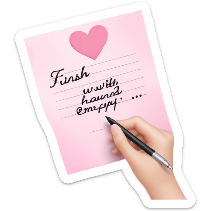 Hand written note on pink paper that says “finish” with a hand written heart next to it  sticker