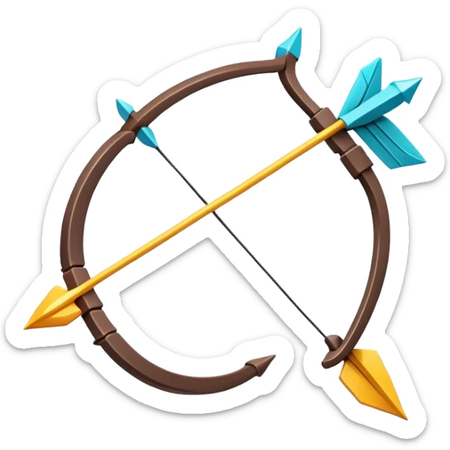Clash of Clans aesthetic: Cinematic Playful Pixel 3D isometric  Bow & Arrow Emoji, rendered in a 3D vector-style similar to standard emojis with minimal shading and bold, simplified shapes. A compact, distinct form with signature details, softly glowing with a pixelated adventure charm. Simplified yet unmistakably iconic, highly detailed and consistent, glowing with a soft radiance and high shine. Stylized with a touch of classic pixel-art charm and a soft glowing outline, capturing the essence of a beloved gaming relic with a friendly, playful manner! sticker