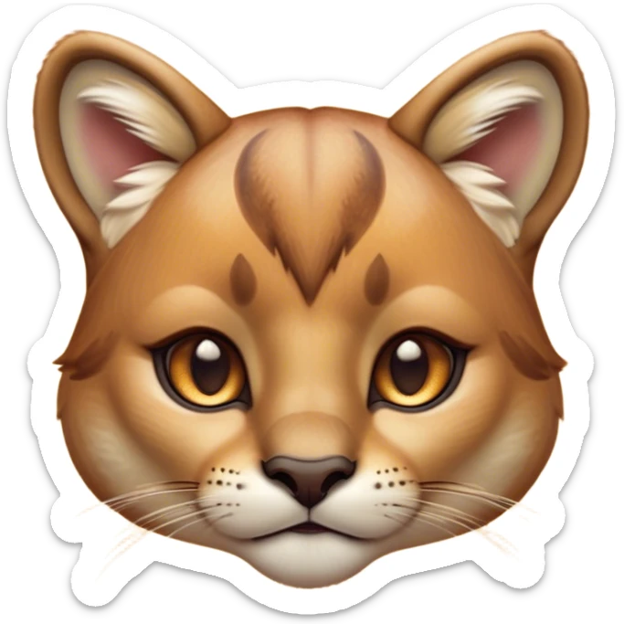 Cinematic Cute Cougar Portrait Emoji, Head tilted playfully and inquisitively, featuring a glossy, tawny Fur with delicate dark markings and round, sparkling amber eyes filled with curious mischief, Simplified yet irresistibly adorable features, highly detailed, glowing with a warm, friendly glow, high shine, affectionate and agile, stylized with a touch of wilderness whimsy, bright and endearing, soft glowing outline, capturing the essence of a mischievous yet loving cougar, so playful it feels like it could prowl out of the screen and into your arms! sticker