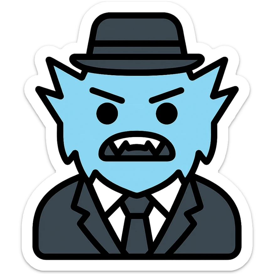 color outline icon of an ice monster in a black and white suit and hat sticker