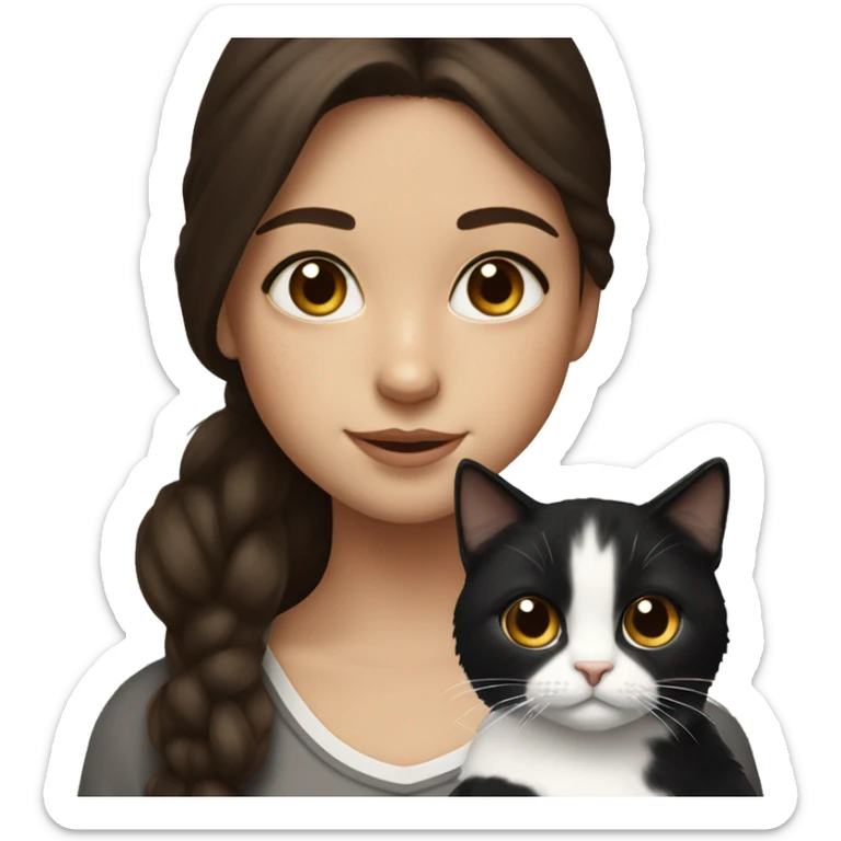 Girl with long dark brown hair freckles and brown eyes holding a black and white cat  sticker