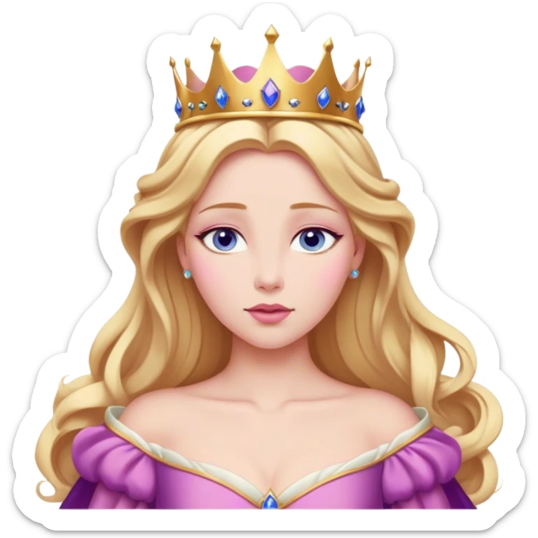 Cinematic Realistic Sleeping Beauty (Aurora) Portrait, with porcelain-like skin featuring a natural rosy flush, illuminated by soft lighting that highlights the gentle contours of her face. Her golden blonde hair flows in soft, detailed waves with subtle highlights that shimmer in the light. Her deep violet-blue eyes radiate warmth and innocence, framed by arched brows and long lashes. Her serene expression exudes quiet elegance. She is dressed in her classic pink gown, the fabric rich in texture with delicate folds that catch the light. A golden crown rests atop her head, gleaming with royal refinement. The portrait captures a soft, glowing aura, blending realism with an ethereal sense of beauty and timeless enchantment. sticker