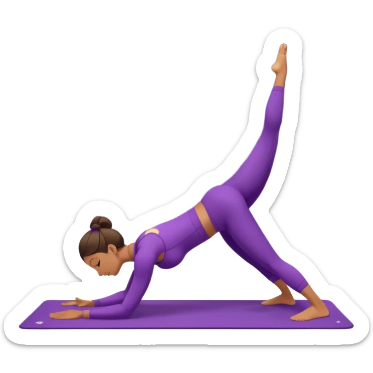 A woman wearing a purple yoga suit doing downward dog pose on a mat, pastel background with floating stars. sticker