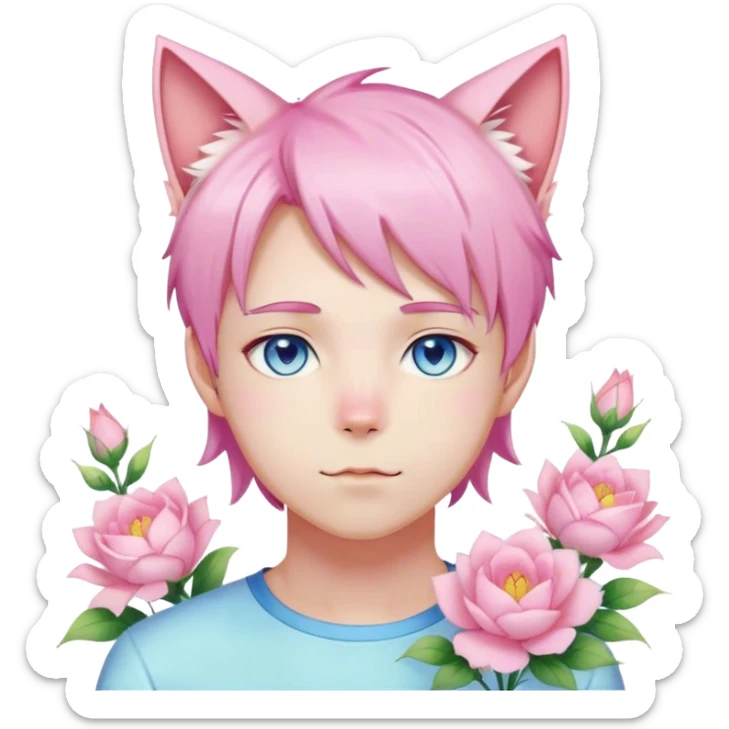 Pastel effeminate young femboy man with pastel pink shiny hair, pink cat ears, pastel yellow blouse, blue eyes, cute, gorgeous, anime, catboy, romantic, beautiful, flowers, aesthetic sticker