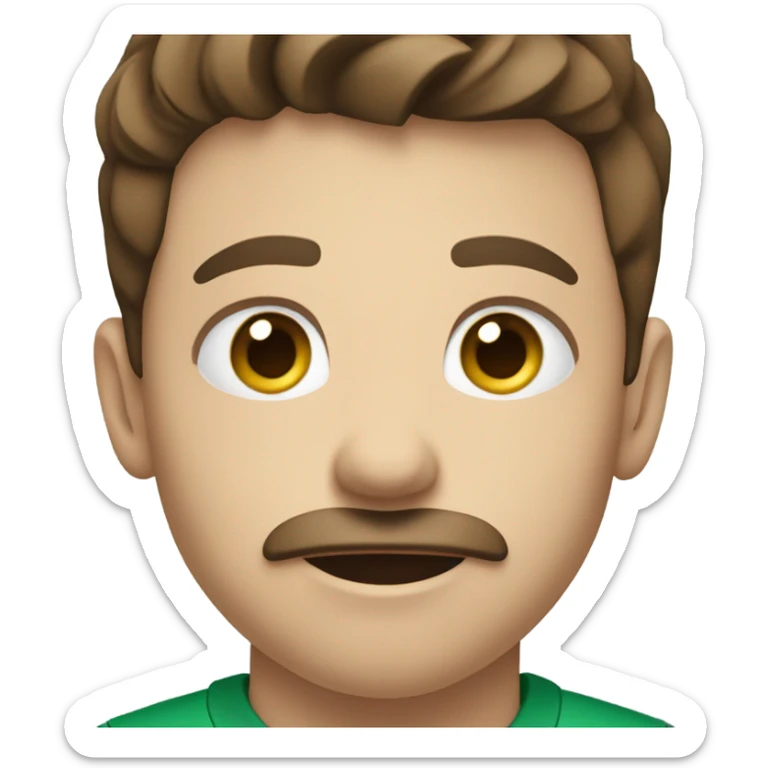 boy with brown hair and blue eyes with a moustache. wearing a green shirt. holding a football  sticker