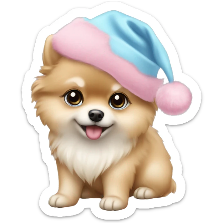 beige pomeranian puppy full body light blue eyes pink christmas hat on sticker