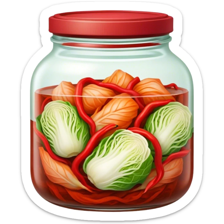 Kimchi Cinematic Realistic Kimchi Dish Emoji, depicted as spicy, fermented cabbage with vibrant red hues neatly served in a traditional jar, rendered with dynamic textures and bold, appetizing lighting. sticker