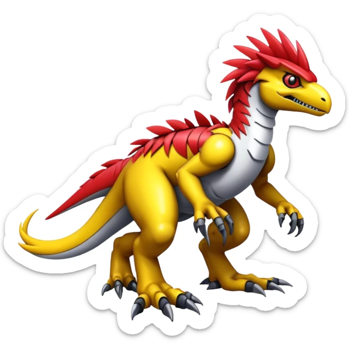Furry feather-mane Cool Edgy Futuristic shiny colorful Digimon-Fakemon-Guilmon-Velociraptor-Mecha full body   sticker