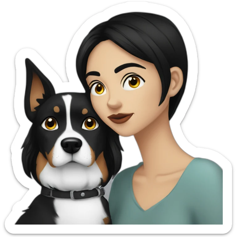 dog and a dark-haired girl looking at each other in style of ((sarah andersen)) sticker