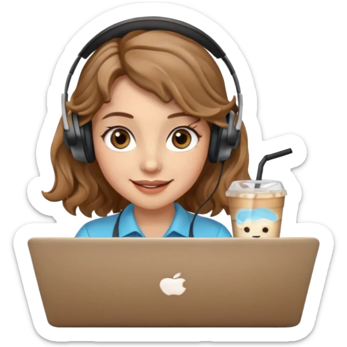 Women in front of laptop with a happy face, light brown wavy hair, light brown big eyes, light skin with a iced coffee on the side sticker