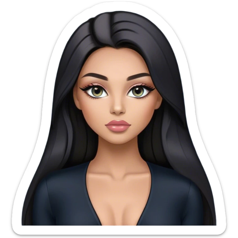 Glamours, tanned, very beautiful girl, with big pump peach-beige-rose lips, eyeliner, long long lashes, black straight smooth silky long hair, straight parting hair, blue-grey eyes, black bodysuit long-sleeves sticker