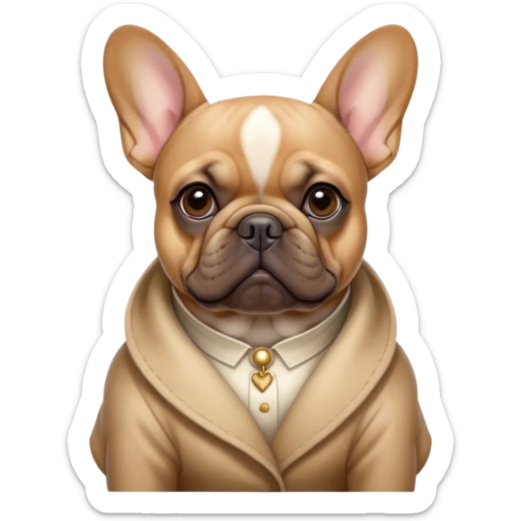 Cinematic Noble Fawn French Bulldog Portrait Emoji, Poised and regal, with a compact, muscular build and a sleek, well-groomed fawn coat, deep-set soulful dark eyes, Simplified yet sharp and sophisticated features, highly detailed, glowing with a soft, dignified glow, high shine, intelligent and determined, stylized with an air of authority, focused and attentive, soft glowing outline, capturing the essence of a watchful and confident companion, so majestic it feels as though it could strut out of the screen with effortless authority! sticker