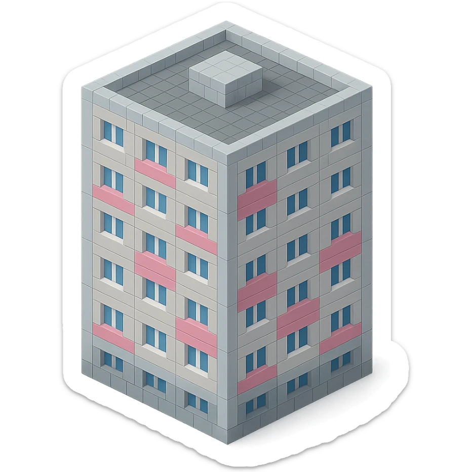 Russian panel apartment building, square block, light gray, alternating pink and white windows, isometric view sticker