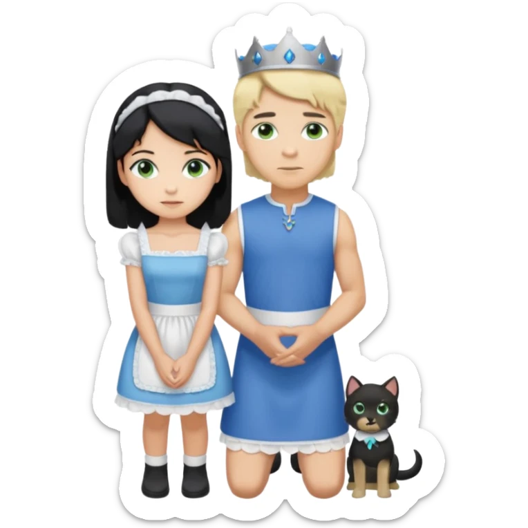 Prince, standing, black hair, blue eyes, garmont, and maid, blonde Hair, green eyes, white short sleveless dress, kneeling  sticker