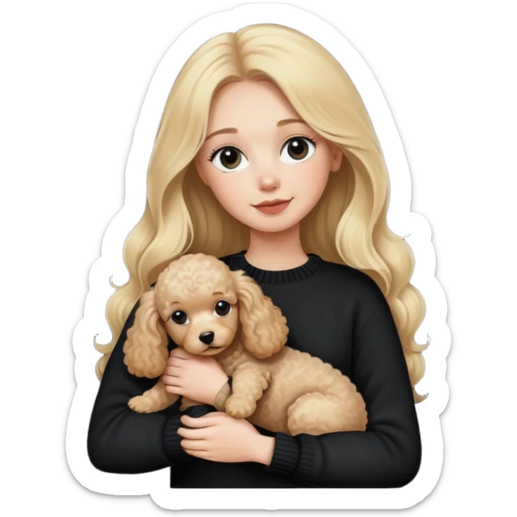 blonde girl with long hair in a black sweater holds a Poodle puppy in her arms sticker