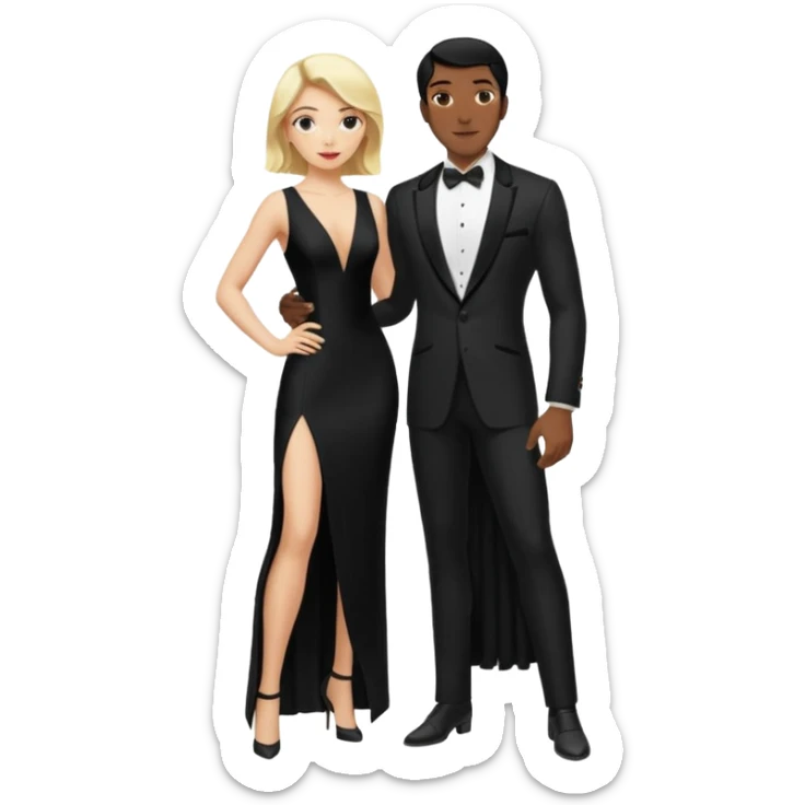 Blonde woman, black, Long, tight, sleveless Dress, Slot left Leg, man, black Hair, in Dinner jacket, Background ballroom sticker