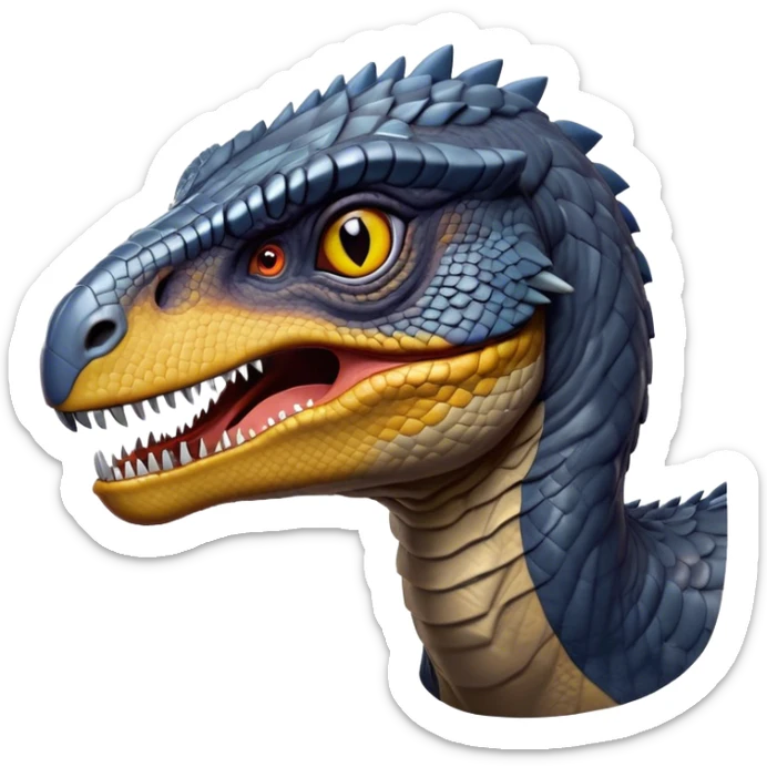 Cinematic Noble Jurassic Velociraptor Portrait Emoji, Poised and menacing, with a sleek, muscular build clad in dark, scaly skin reminiscent of Jurassic Park’s iconic raptor, a sharply curved snout and piercing, intelligent eyes that exude predatory cunning, Simplified yet boldly defined features, highly detailed, glowing with a cool, ominous radiance, high shine, intelligent and relentless, stylized with an air of cinematic prehistoric authority, focused and alert, soft glowing outline, capturing the essence of a watchful and confident Jurassic Velociraptor that appears ready to dash out of the screen with effortless power! sticker
