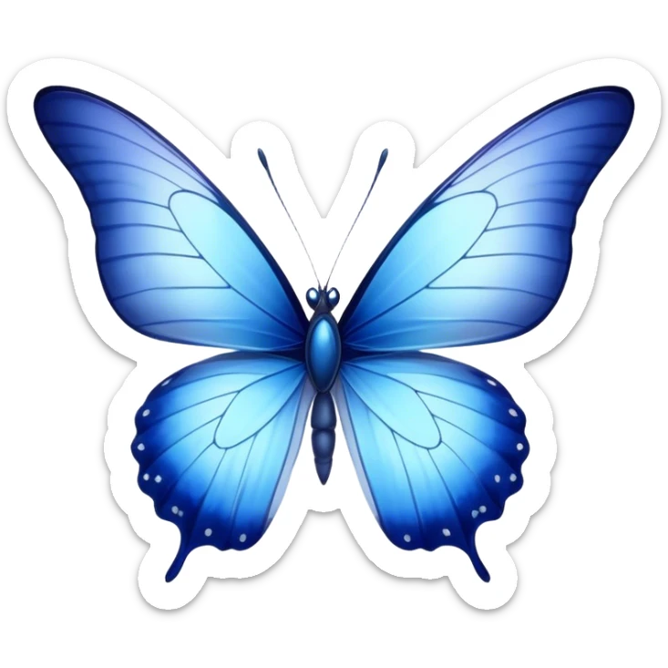 Cinematic Realistic Noble Blue Butterfly Portrait Emoji, Poised and graceful, with delicate, translucent wings rendered in vivid sapphire and indigo tones, a slender, elegant body with finely detailed textures, and gentle, reflective eyes, illuminated by soft natural light, high shine, intelligent and ethereal, styled with an air of refined natural beauty, focused and attentive, soft glowing outline, capturing the essence of a watchful and confident blue butterfly that appears to flutter out of the screen with effortless grace! sticker