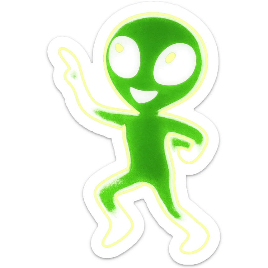 An alien dancing in neon green with an animated style and glowing outline, in a different pose. Highlight the glowing contour and animated neon green effect. sticker