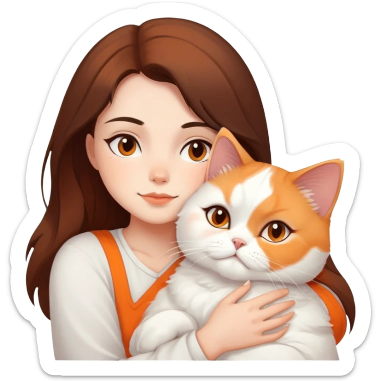 Brunette girl snuggling white orange Persian cat emoji to use or share on Discord and Slack. sticker