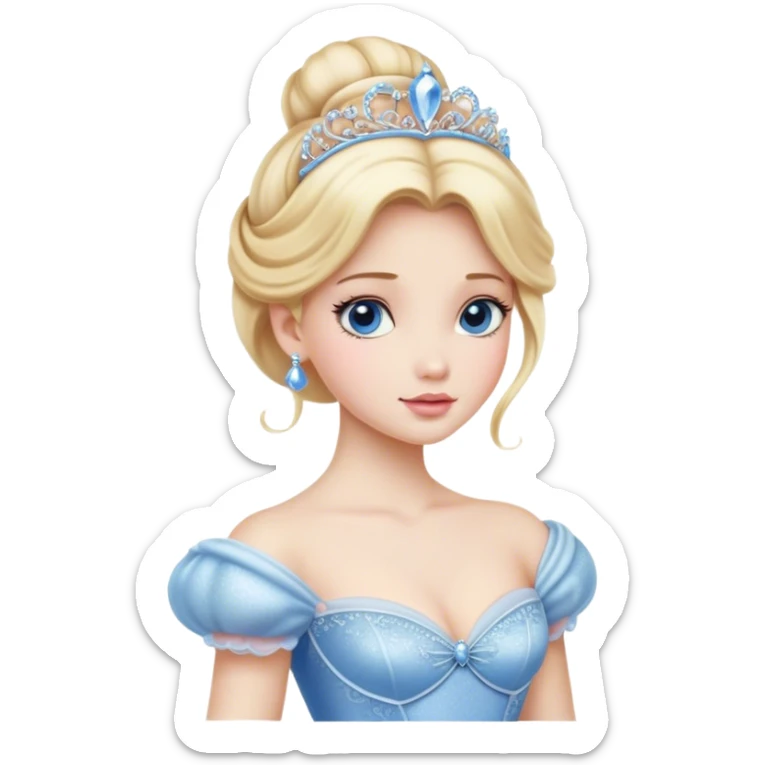Cinematic Realistic Cinderella Portrait, depicted with lifelike porcelain skin, elegantly styled blonde hair, and a serene, graceful expression. Dressed in her classic ball gown with intricately detailed fabric textures and delicate pastel hues that catch soft, natural lighting, this portrait captures the timeless beauty of a fairy tale princess. sticker