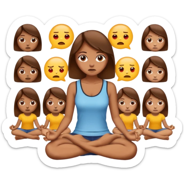 upset woman with brown hair sitting cross-legged in profile, ignoring others, emoji style sticker
