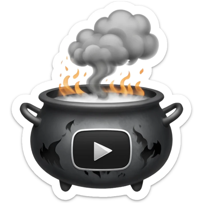 A black cauldron with lot of smoke rising, and the white YouTube play button logo floating above the smoke sticker