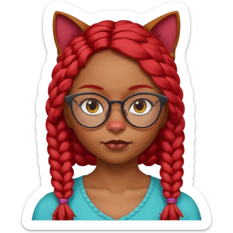 Dark Tan girl with long red plaits and red trimmed cat eye glasses head neck and shoulder shot only sticker