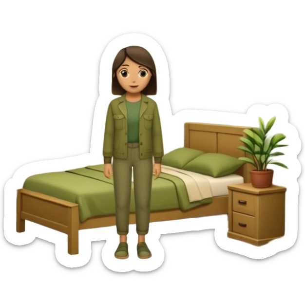 Organizing bedroom with olive green walls, wood bed, plants around, and wood closet sticker