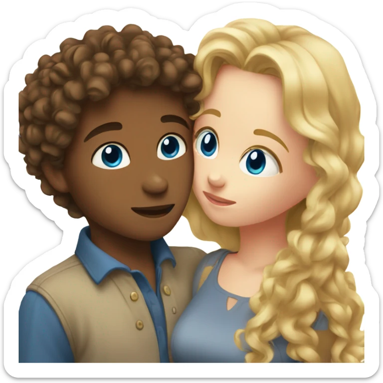 Boy with brown curly hair and blue eyes kissing blond girl  sticker