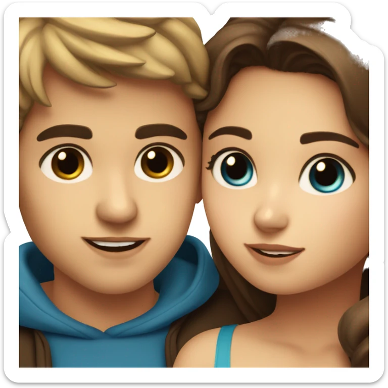 Girl with light brown hair and blue eyes kissing Mexican boy with dark brown hair and eyes sticker