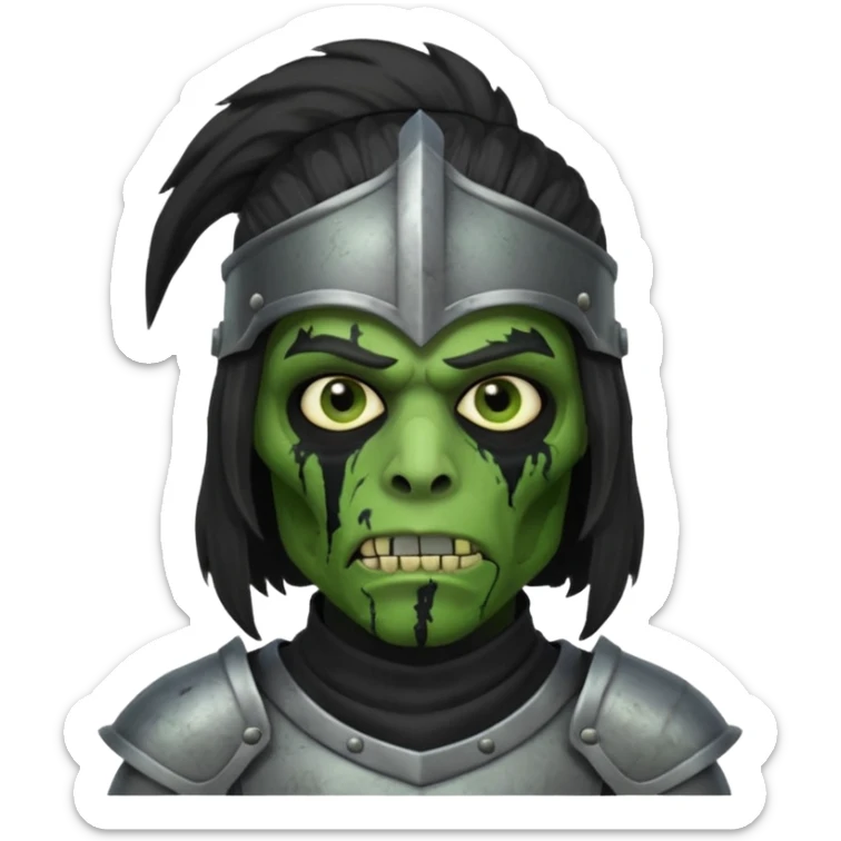 A black male with long black rough hair wearing a knight helmet with green zombie skin  sticker