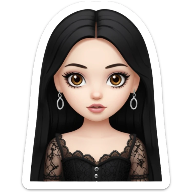 pale skin, girly bratz baddie, beautiful dark brown eyes, pretty makeup, long dark black straight hair, girly lace clothes sticker