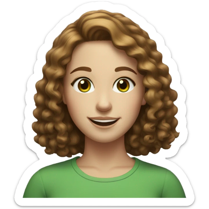 pale young woman with neck length brown curly hair, green eyes, and freckles smiling sticker