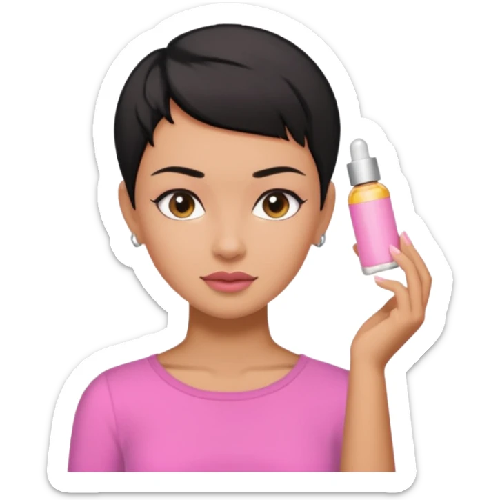 tan girl pink shirt with black hair & a pixie, cut no earrings, doing skin care sticker